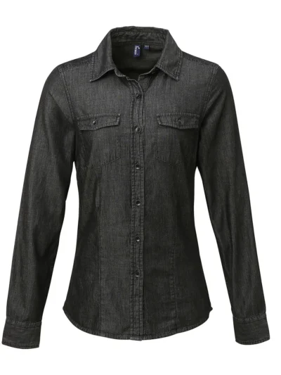 Ladies'' Jeans Stitch Denim Shirt - black denim, L